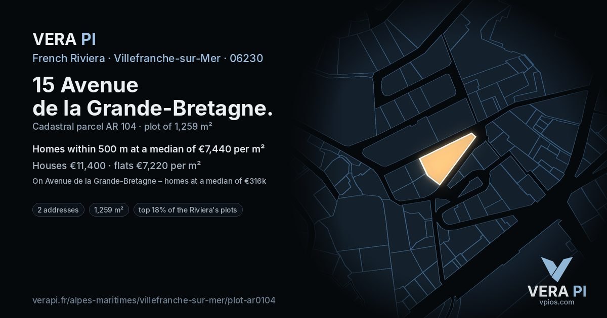 15 Avenue de la Grande-Bretagne, Villefranche-sur-Mer at night – the plot lit, the parcels around coloured by the prices near them