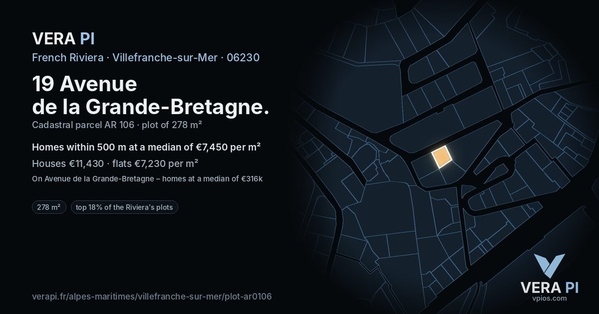 19 Avenue de la Grande-Bretagne, Villefranche-sur-Mer at night – the plot lit, the parcels around coloured by the prices near them