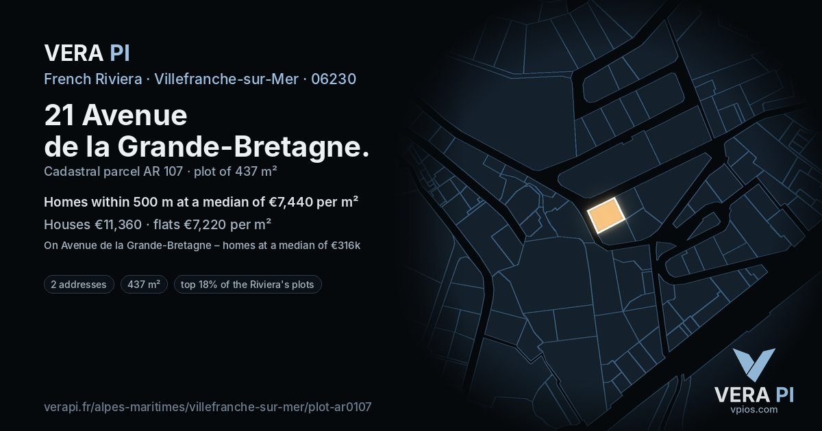 21 Avenue de la Grande-Bretagne, Villefranche-sur-Mer at night – the plot lit, the parcels around coloured by the prices near them