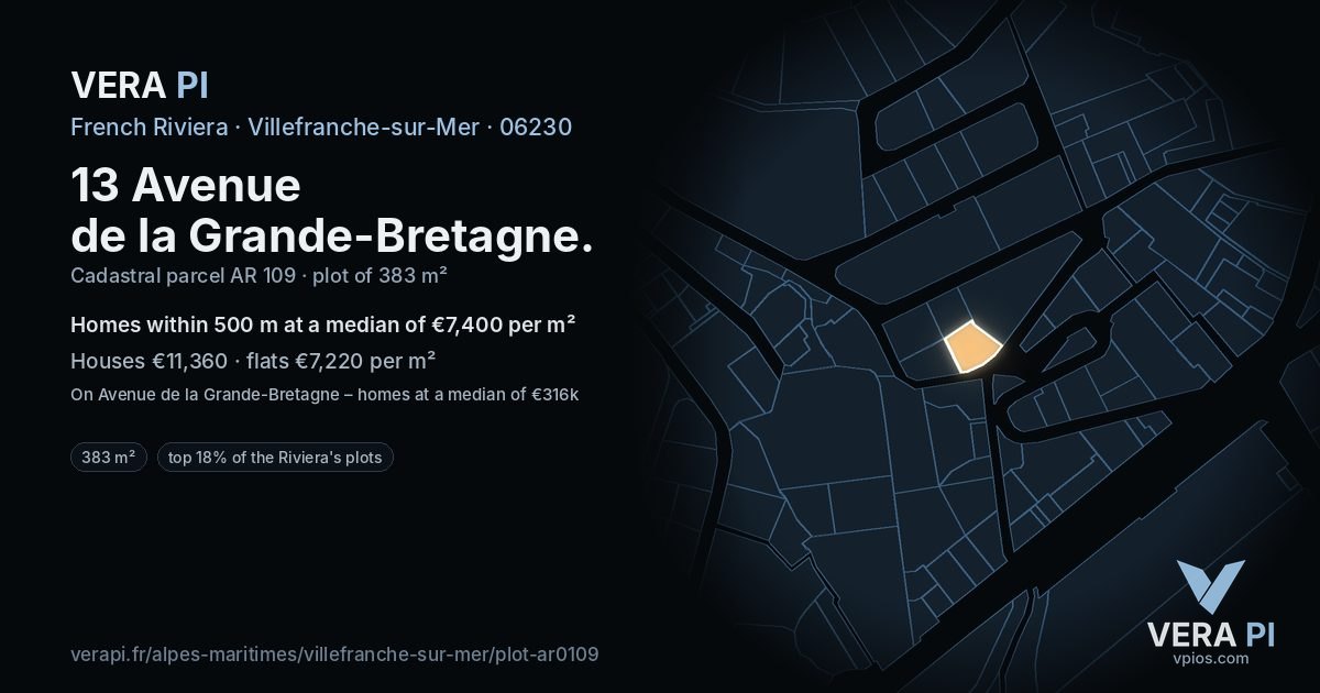 13 Avenue de la Grande-Bretagne, Villefranche-sur-Mer at night – the plot lit, the parcels around coloured by the prices near them