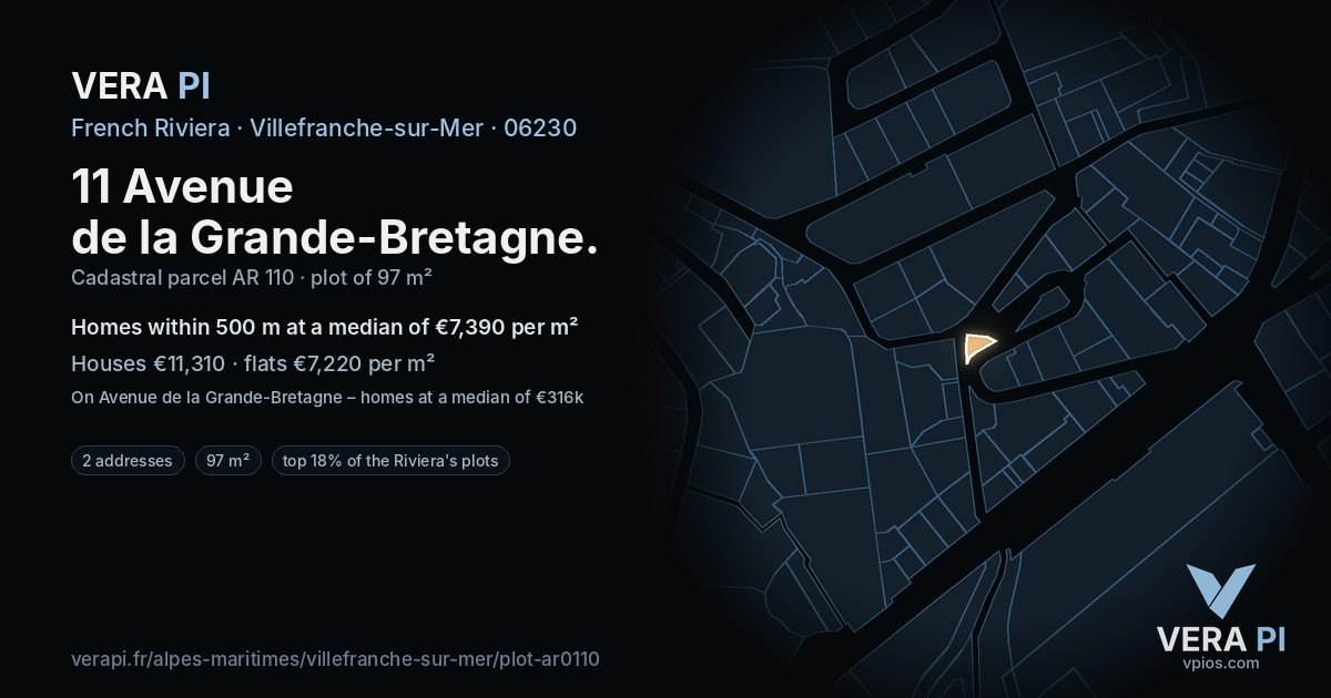 11 Avenue de la Grande-Bretagne, Villefranche-sur-Mer at night – the plot lit, the parcels around coloured by the prices near them