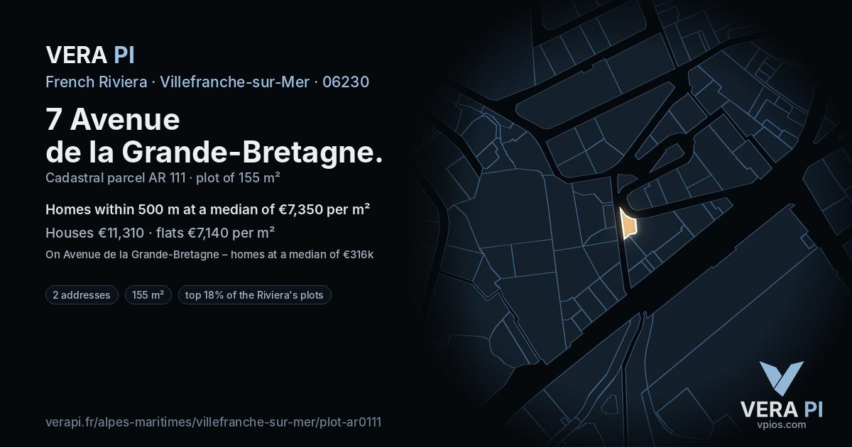 7 Avenue de la Grande-Bretagne, Villefranche-sur-Mer at night – the plot lit, the parcels around coloured by the prices near them