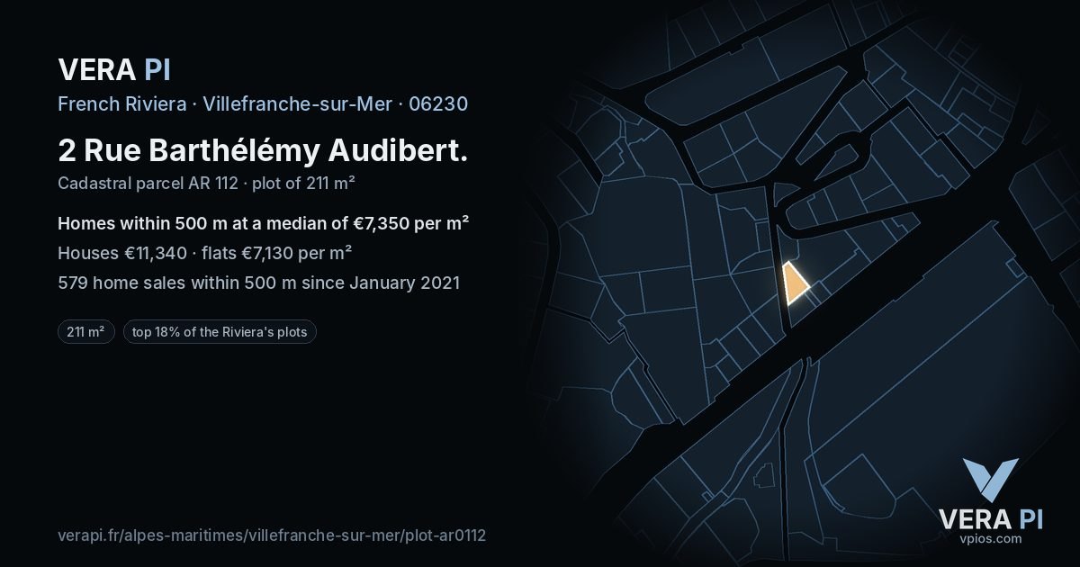 2 Rue Barthélémy Audibert, Villefranche-sur-Mer at night – the plot lit, the parcels around coloured by the prices near them