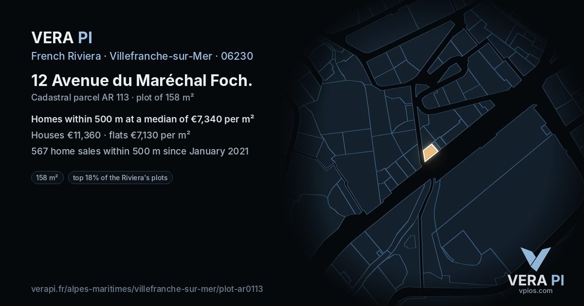12 Avenue du Maréchal Foch, Villefranche-sur-Mer at night – the plot lit, the parcels around coloured by the prices near them