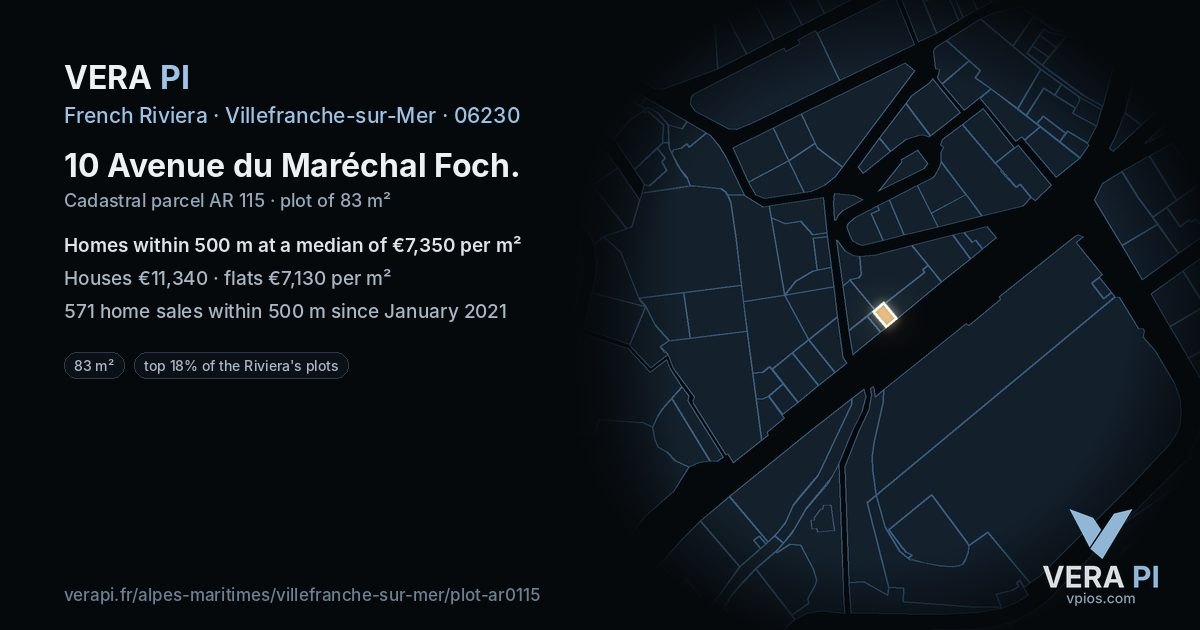 10 Avenue du Maréchal Foch, Villefranche-sur-Mer at night – the plot lit, the parcels around coloured by the prices near them