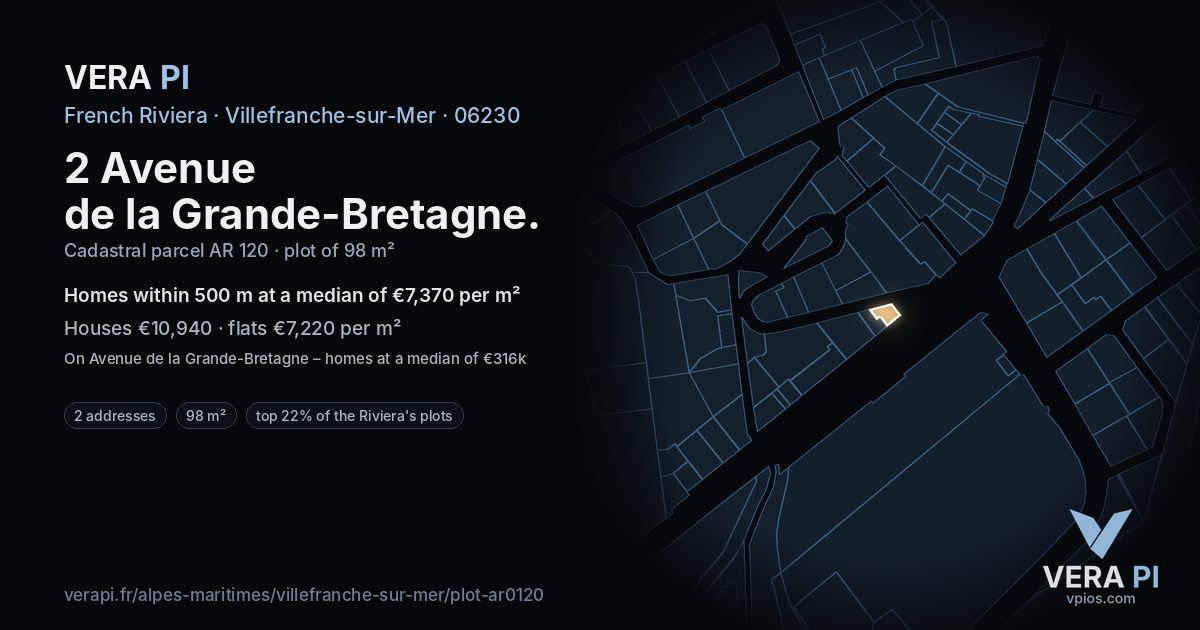 2 Avenue de la Grande-Bretagne, Villefranche-sur-Mer at night – the plot lit, the parcels around coloured by the prices near them