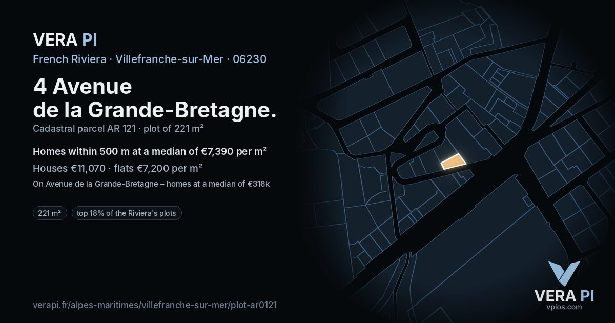 4 Avenue de la Grande-Bretagne, Villefranche-sur-Mer at night – the plot lit, the parcels around coloured by the prices near them