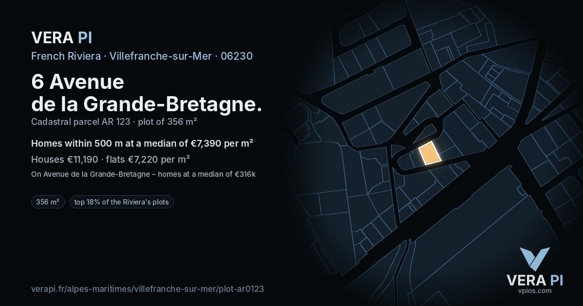 6 Avenue de la Grande-Bretagne, Villefranche-sur-Mer at night – the plot lit, the parcels around coloured by the prices near them