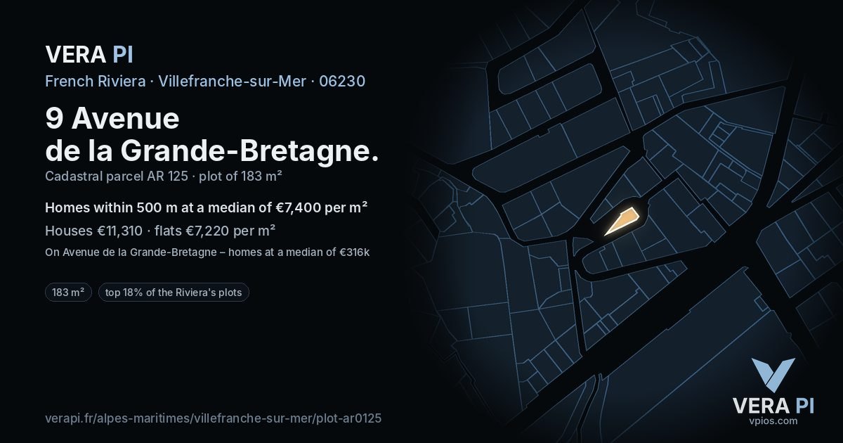 9 Avenue de la Grande-Bretagne, Villefranche-sur-Mer at night – the plot lit, the parcels around coloured by the prices near them