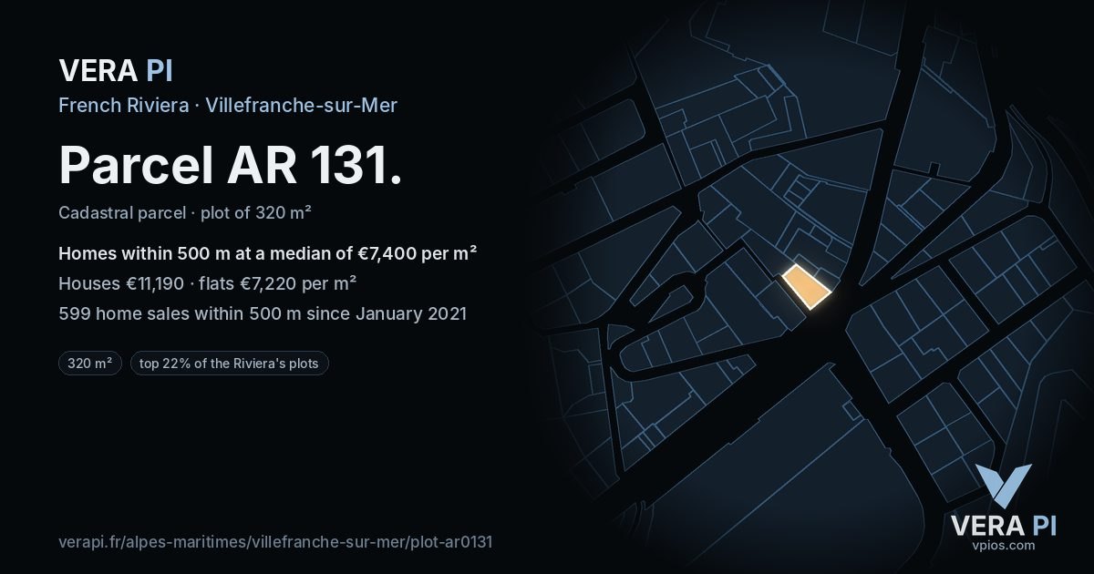 Parcel AR 131, Villefranche-sur-Mer at night – the plot lit, the parcels around coloured by the prices near them