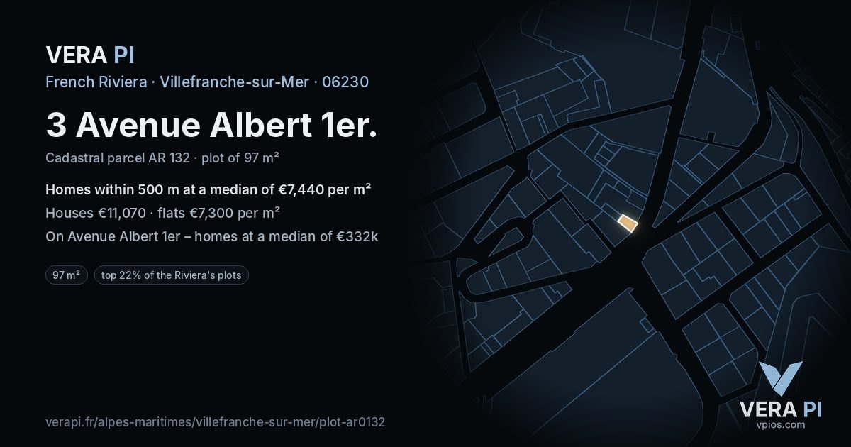 3 Avenue Albert 1er, Villefranche-sur-Mer at night – the plot lit, the parcels around coloured by the prices near them