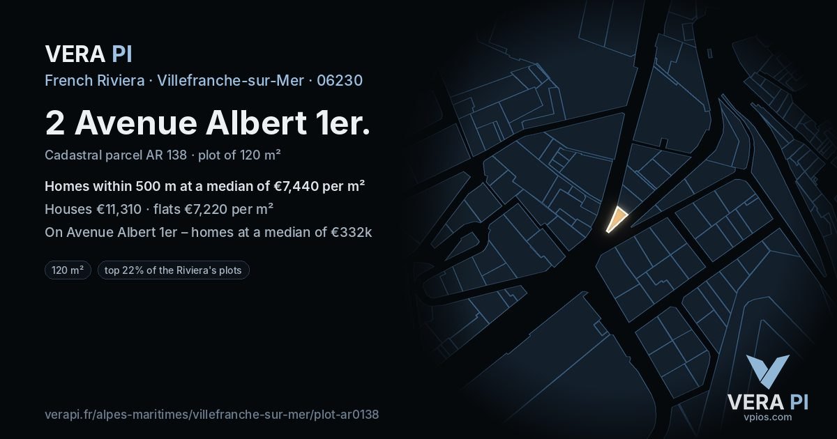 2 Avenue Albert 1er, Villefranche-sur-Mer at night – the plot lit, the parcels around coloured by the prices near them