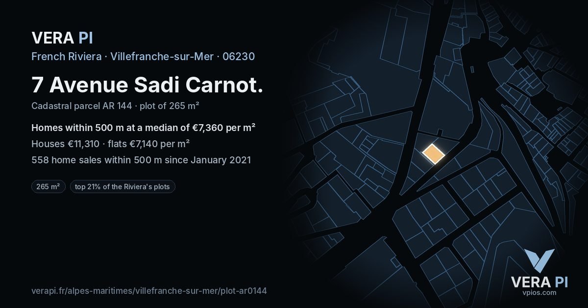 7 Avenue Sadi Carnot, Villefranche-sur-Mer at night – the plot lit, the parcels around coloured by the prices near them