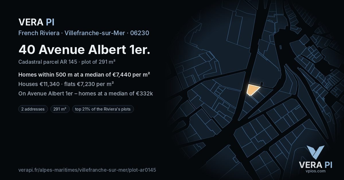 40 Avenue Albert 1er, Villefranche-sur-Mer at night – the plot lit, the parcels around coloured by the prices near them