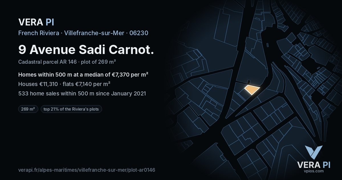 9 Avenue Sadi Carnot, Villefranche-sur-Mer at night – the plot lit, the parcels around coloured by the prices near them