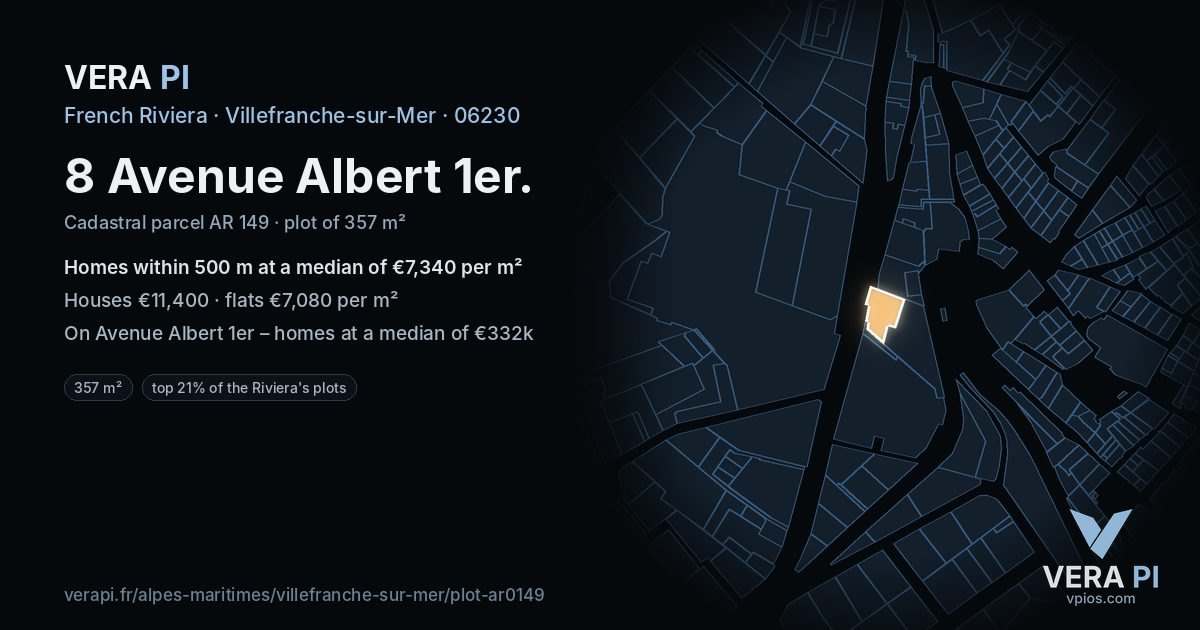 8 Avenue Albert 1er, Villefranche-sur-Mer at night – the plot lit, the parcels around coloured by the prices near them