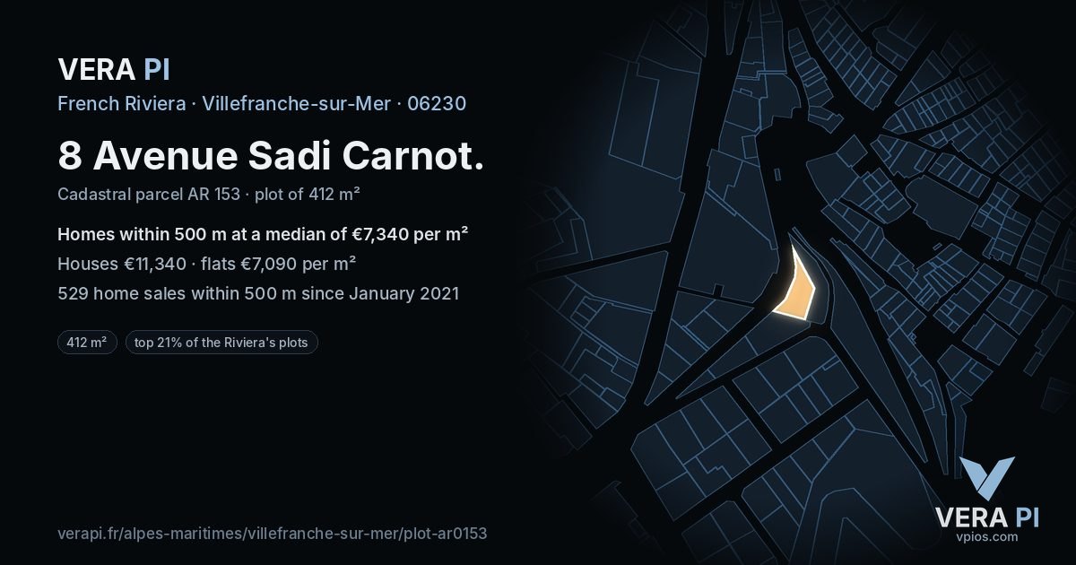 8 Avenue Sadi Carnot, Villefranche-sur-Mer at night – the plot lit, the parcels around coloured by the prices near them