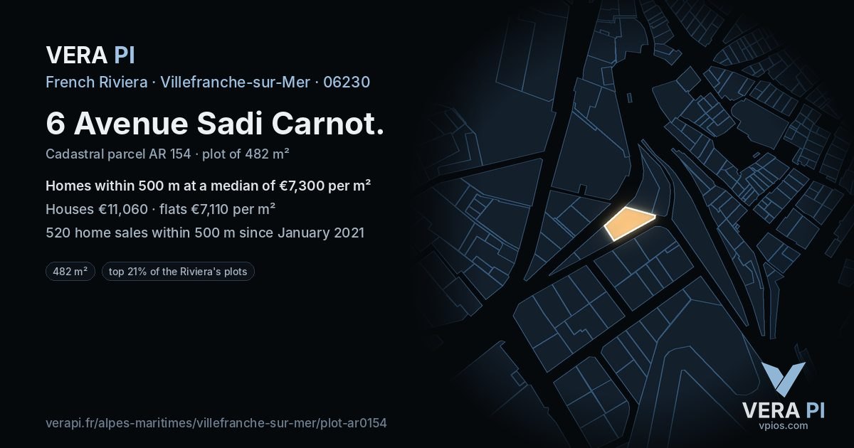 6 Avenue Sadi Carnot, Villefranche-sur-Mer at night – the plot lit, the parcels around coloured by the prices near them