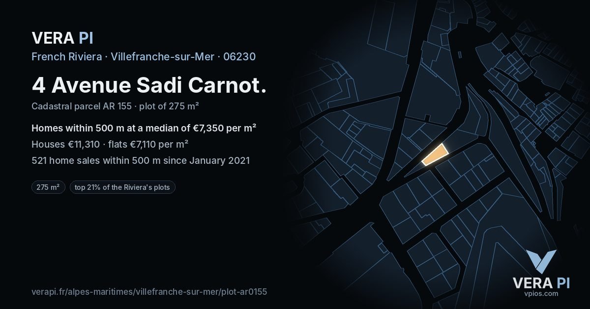 4 Avenue Sadi Carnot, Villefranche-sur-Mer at night – the plot lit, the parcels around coloured by the prices near them
