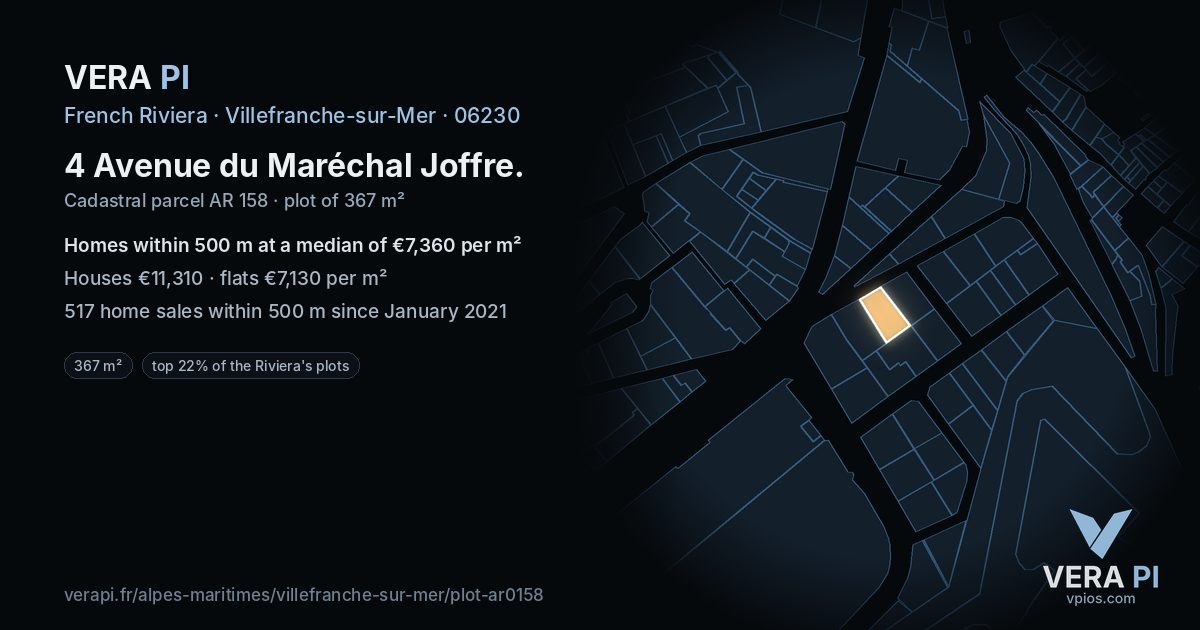 4 Avenue du Maréchal Joffre, Villefranche-sur-Mer at night – the plot lit, the parcels around coloured by the prices near them