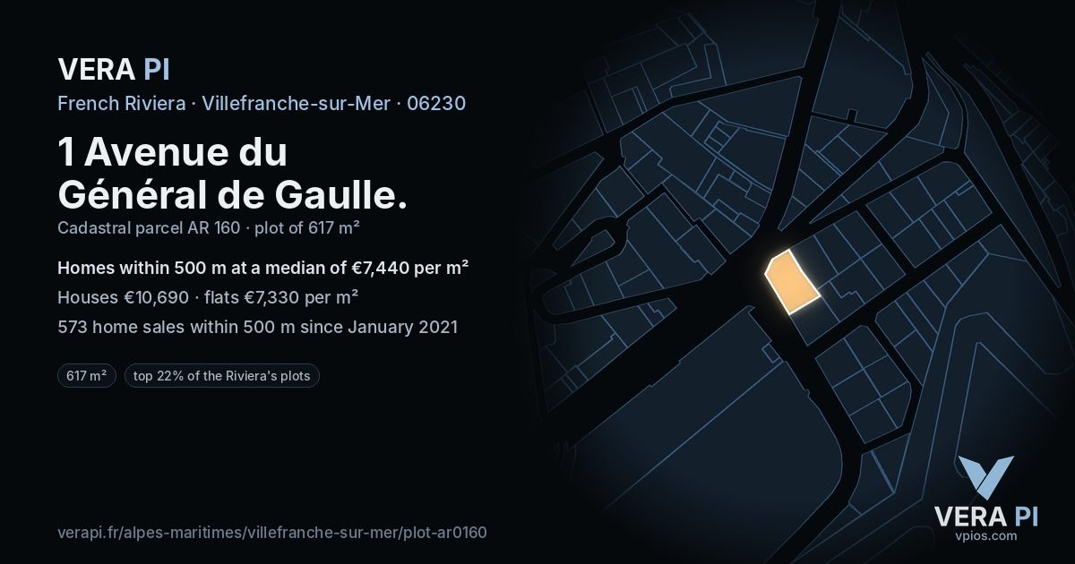 1 Avenue du Général de Gaulle, Villefranche-sur-Mer at night – the plot lit, the parcels around coloured by the prices near them