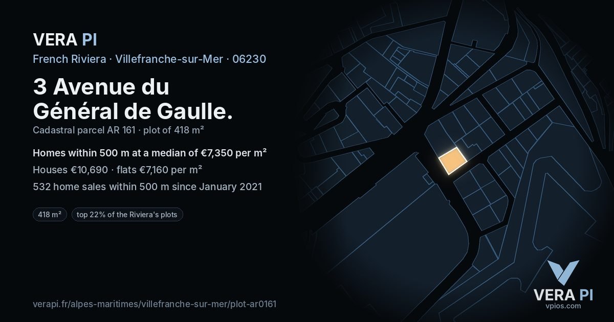 3 Avenue du Général de Gaulle, Villefranche-sur-Mer at night – the plot lit, the parcels around coloured by the prices near them