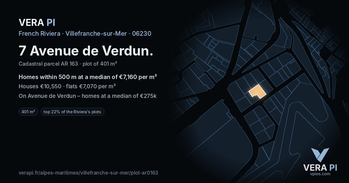 7 Avenue de Verdun, Villefranche-sur-Mer at night – the plot lit, the parcels around coloured by the prices near them