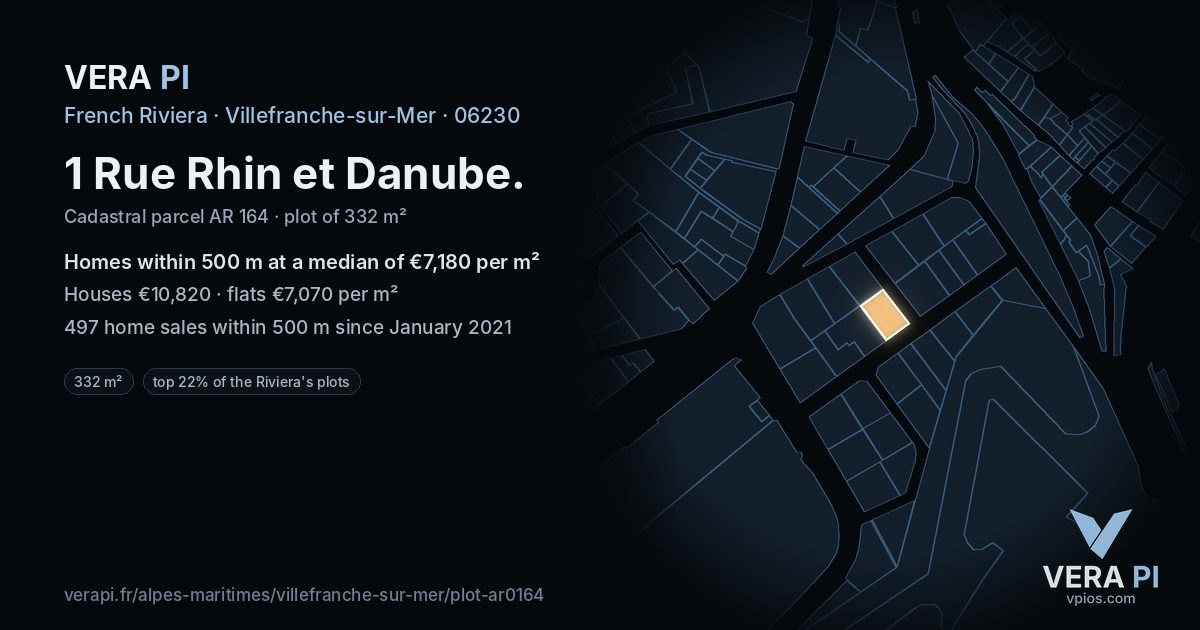1 Rue Rhin et Danube, Villefranche-sur-Mer at night – the plot lit, the parcels around coloured by the prices near them