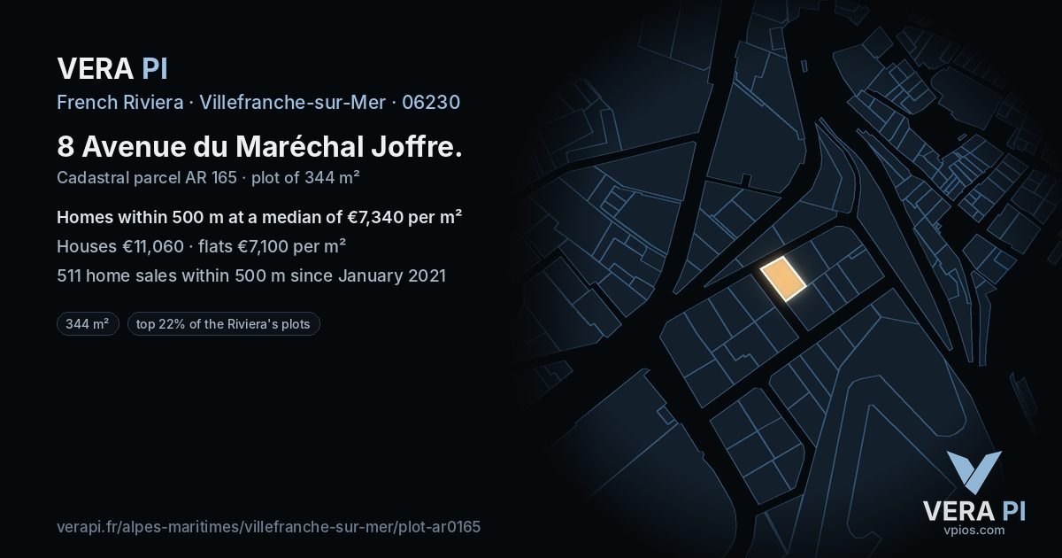 8 Avenue du Maréchal Joffre, Villefranche-sur-Mer at night – the plot lit, the parcels around coloured by the prices near them