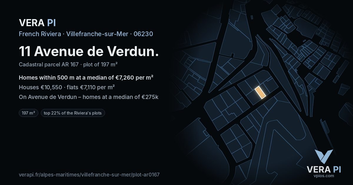 11 Avenue de Verdun, Villefranche-sur-Mer at night – the plot lit, the parcels around coloured by the prices near them