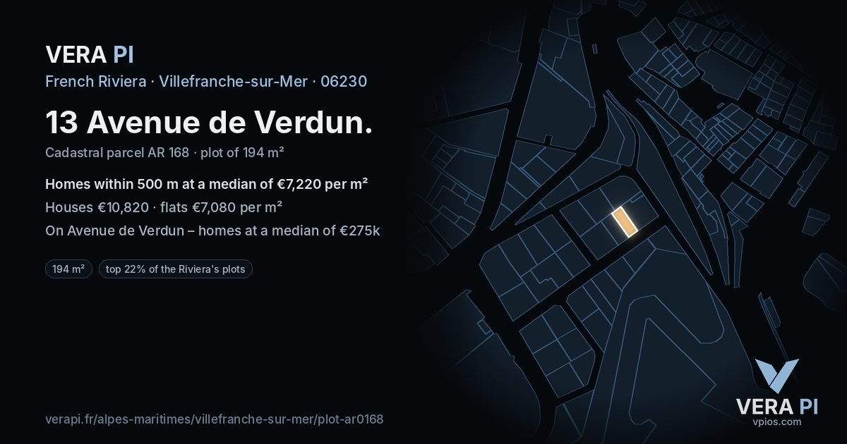 13 Avenue de Verdun, Villefranche-sur-Mer at night – the plot lit, the parcels around coloured by the prices near them