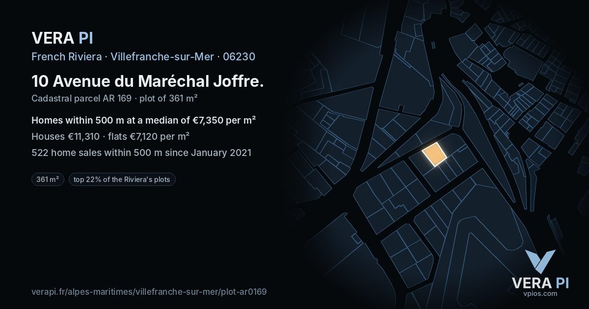 10 Avenue du Maréchal Joffre, Villefranche-sur-Mer at night – the plot lit, the parcels around coloured by the prices near them