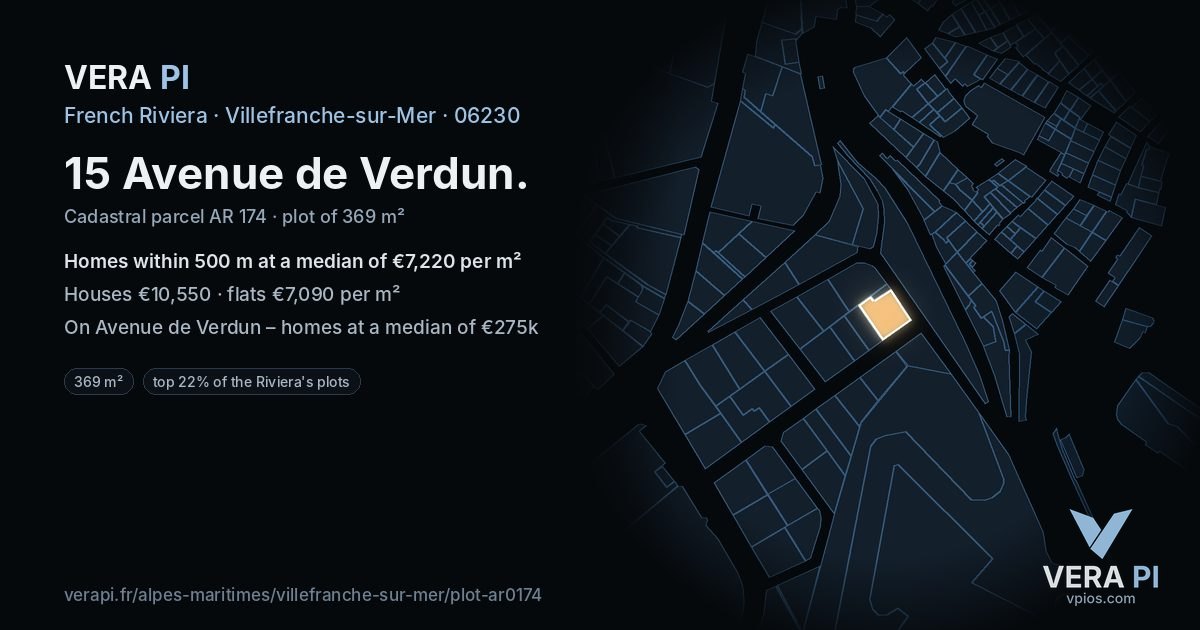 15 Avenue de Verdun, Villefranche-sur-Mer at night – the plot lit, the parcels around coloured by the prices near them