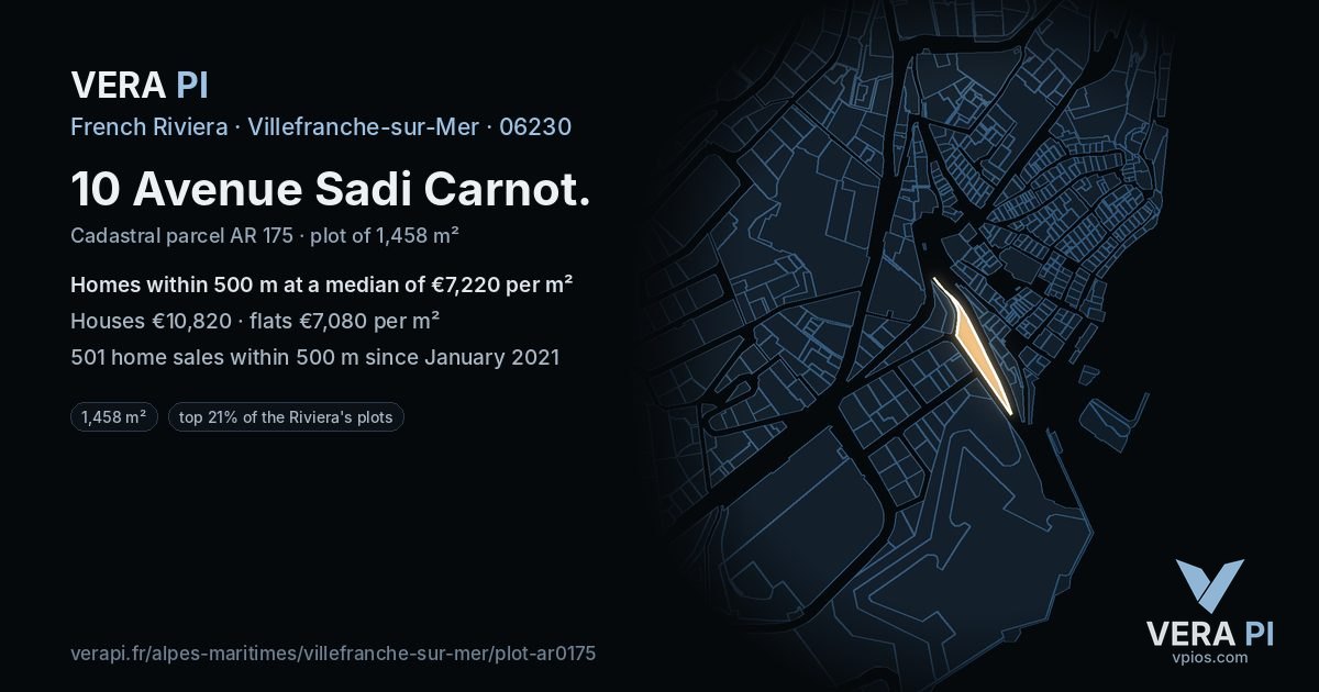 10 Avenue Sadi Carnot, Villefranche-sur-Mer at night – the plot lit, the parcels around coloured by the prices near them