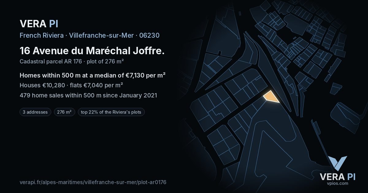 16 Avenue du Maréchal Joffre, Villefranche-sur-Mer at night – the plot lit, the parcels around coloured by the prices near them