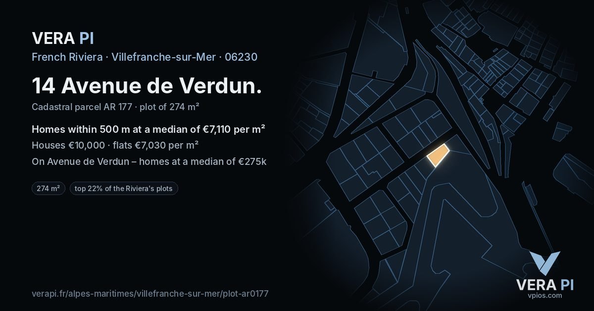 14 Avenue de Verdun, Villefranche-sur-Mer at night – the plot lit, the parcels around coloured by the prices near them