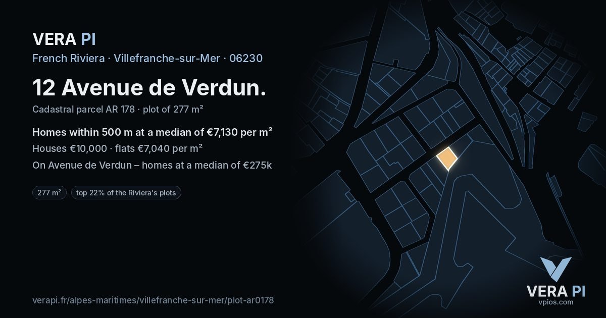 12 Avenue de Verdun, Villefranche-sur-Mer at night – the plot lit, the parcels around coloured by the prices near them