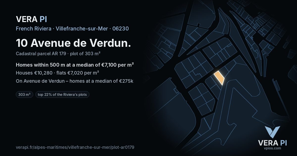 10 Avenue de Verdun, Villefranche-sur-Mer at night – the plot lit, the parcels around coloured by the prices near them