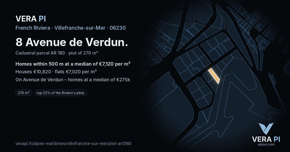 8 Avenue de Verdun, Villefranche-sur-Mer at night – the plot lit, the parcels around coloured by the prices near them