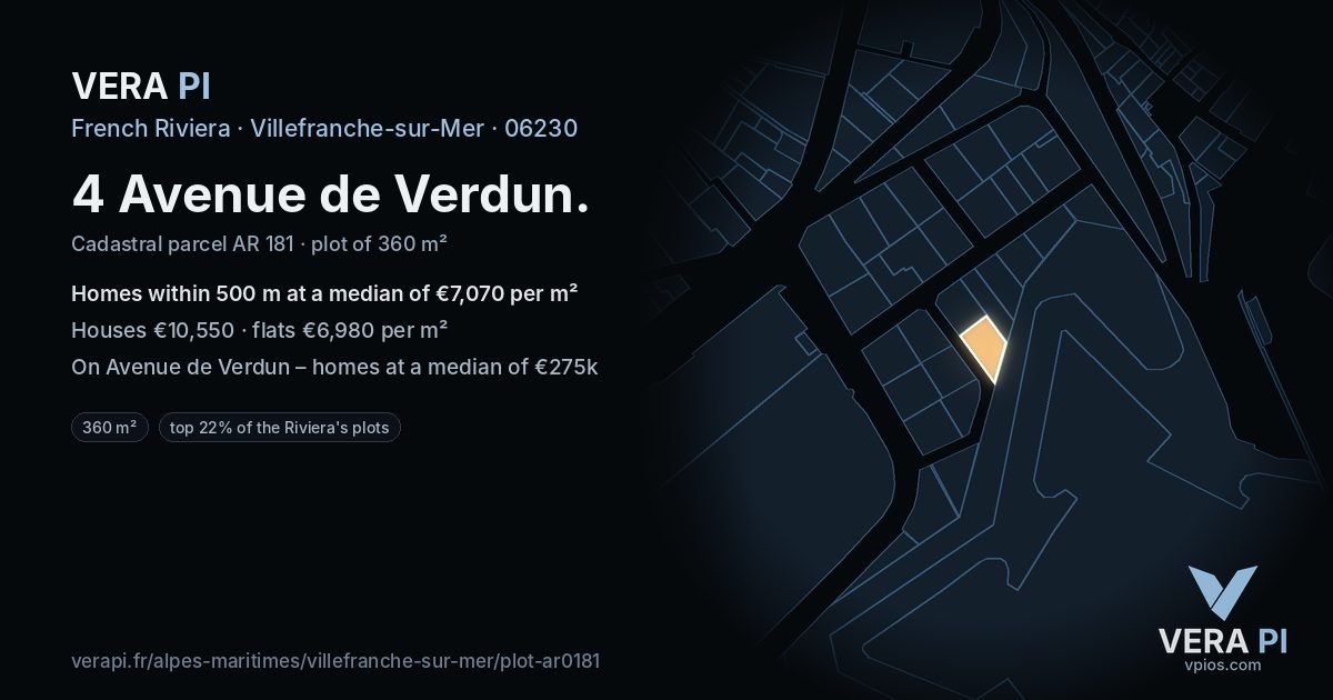 4 Avenue de Verdun, Villefranche-sur-Mer at night – the plot lit, the parcels around coloured by the prices near them
