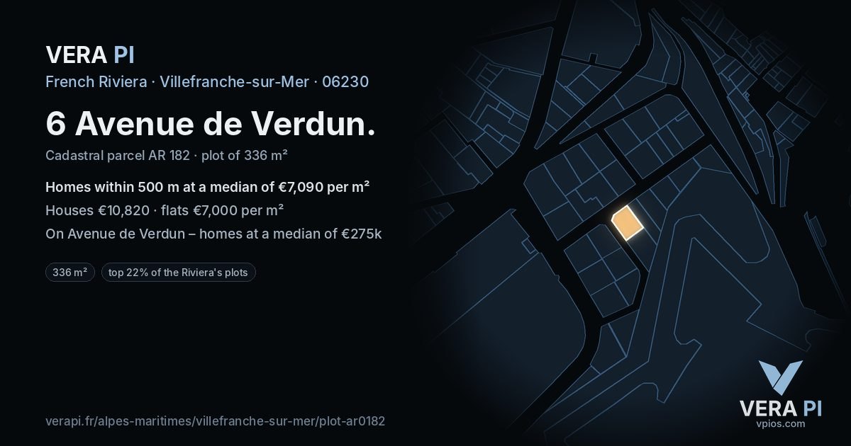 6 Avenue de Verdun, Villefranche-sur-Mer at night – the plot lit, the parcels around coloured by the prices near them