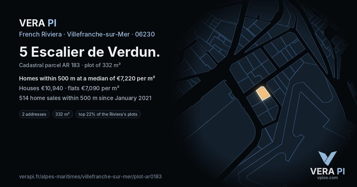 5 Escalier de Verdun, Villefranche-sur-Mer at night – the plot lit, the parcels around coloured by the prices near them