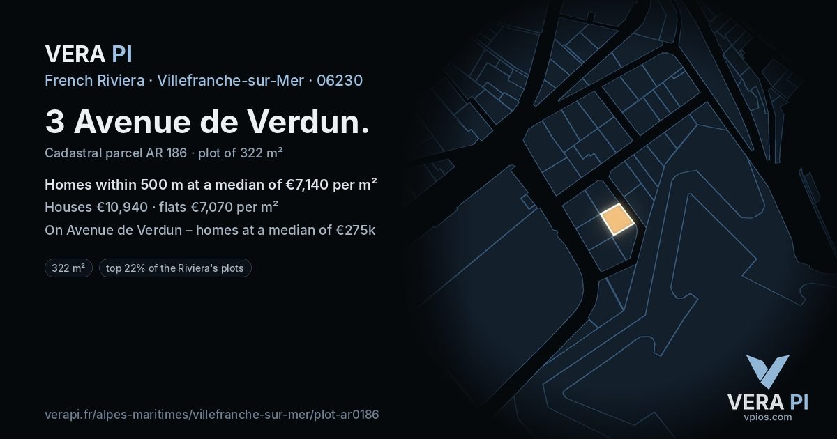 3 Avenue de Verdun, Villefranche-sur-Mer at night – the plot lit, the parcels around coloured by the prices near them