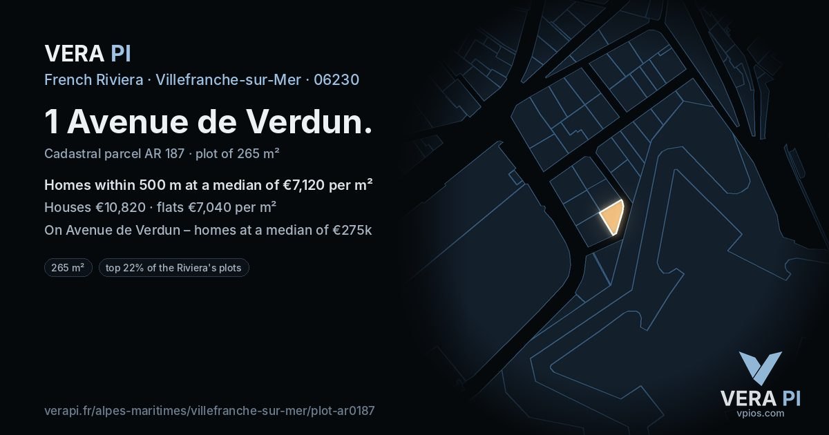 1 Avenue de Verdun, Villefranche-sur-Mer at night – the plot lit, the parcels around coloured by the prices near them