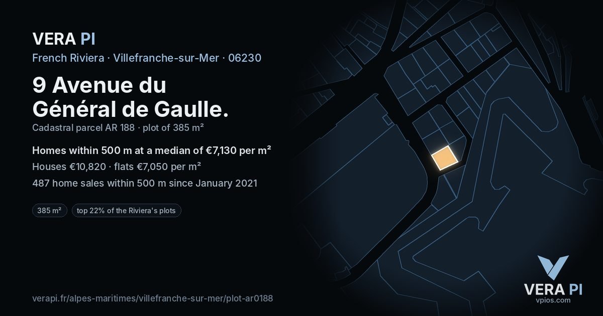 9 Avenue du Général de Gaulle, Villefranche-sur-Mer at night – the plot lit, the parcels around coloured by the prices near them