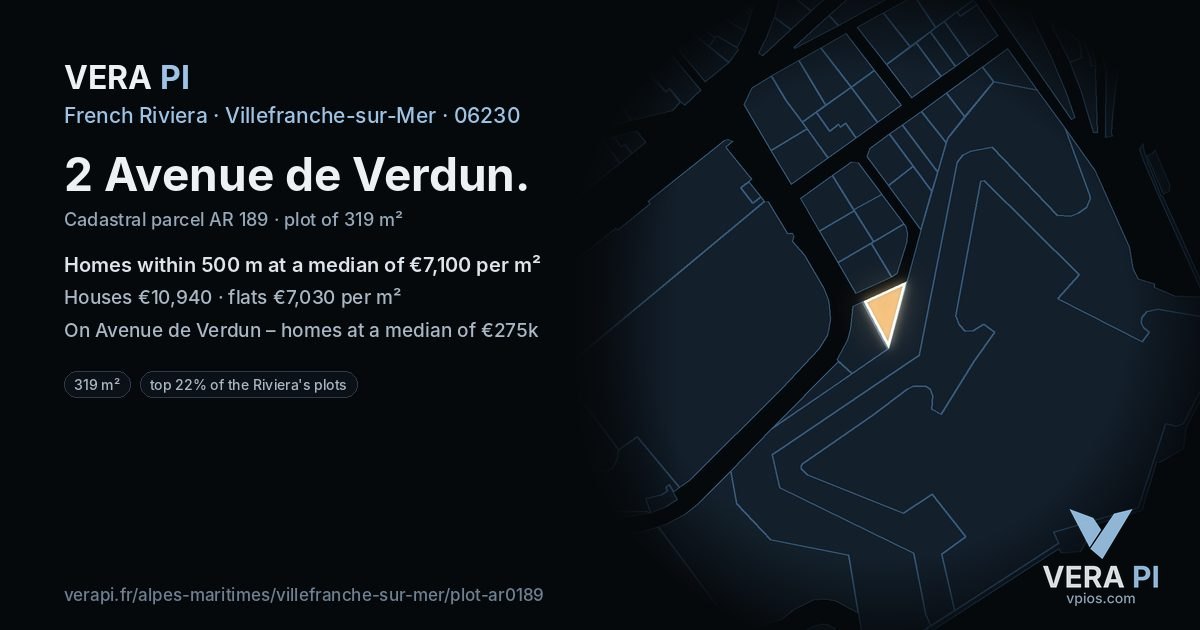 2 Avenue de Verdun, Villefranche-sur-Mer at night – the plot lit, the parcels around coloured by the prices near them