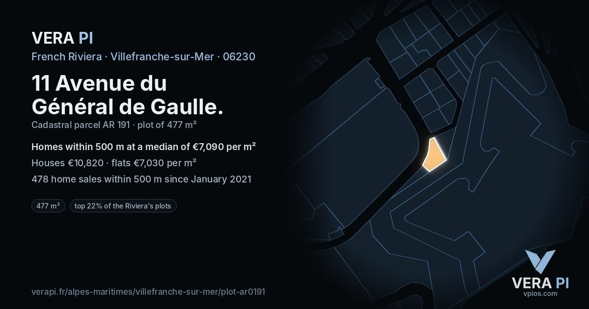 11 Avenue du Général de Gaulle, Villefranche-sur-Mer at night – the plot lit, the parcels around coloured by the prices near them
