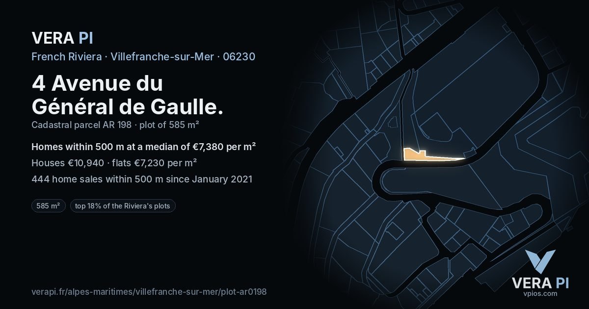 4 Avenue du Général de Gaulle, Villefranche-sur-Mer at night – the plot lit, the parcels around coloured by the prices near them