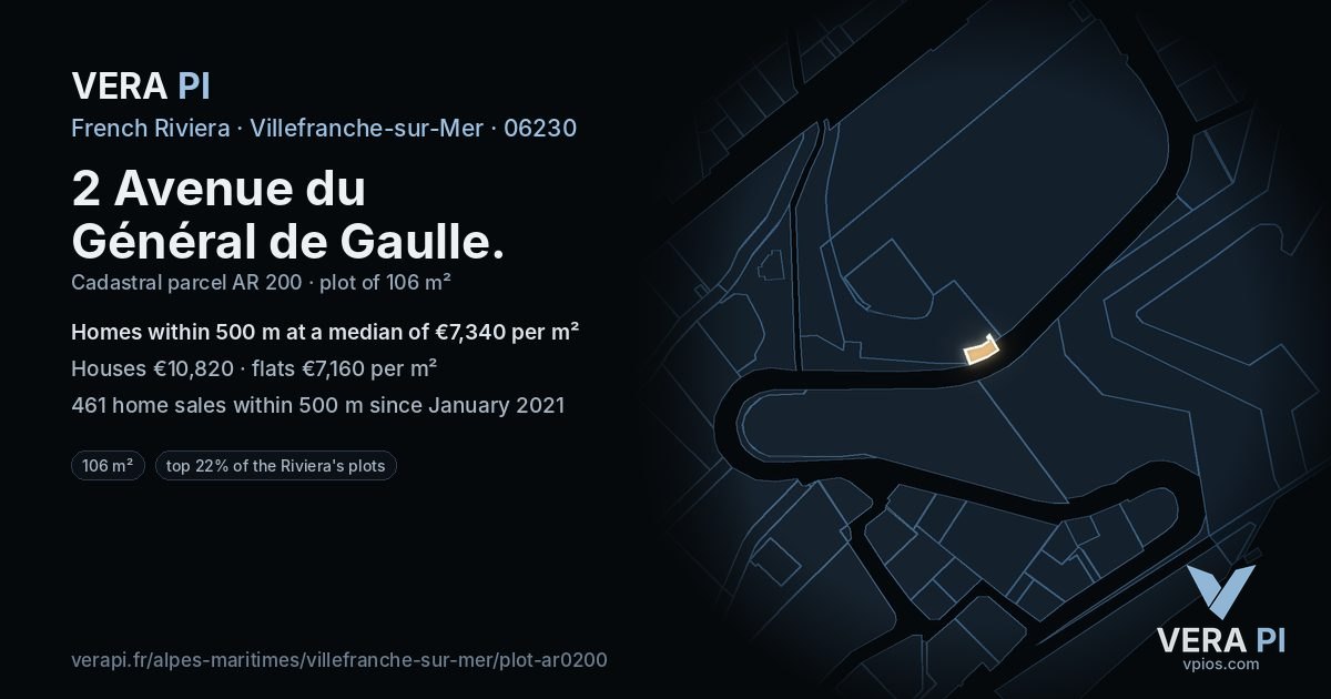 2 Avenue du Général de Gaulle, Villefranche-sur-Mer at night – the plot lit, the parcels around coloured by the prices near them