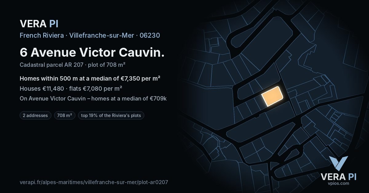 6 Avenue Victor Cauvin, Villefranche-sur-Mer at night – the plot lit, the parcels around coloured by the prices near them